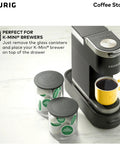 Keurig coffee station with K-Cup pod storage and airtight glass canisters for ground coffee, ideal for K-Mini brewers.