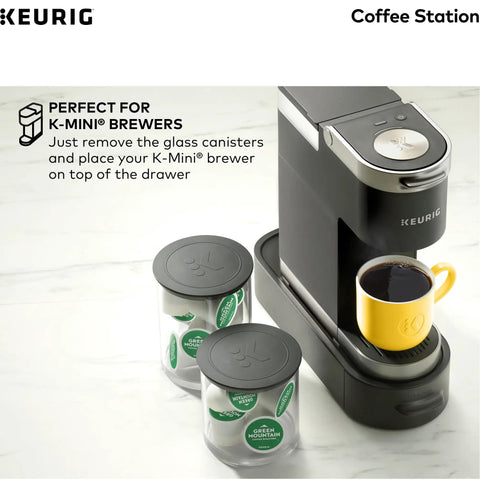 Keurig coffee station with K-Cup pod storage and airtight glass canisters for ground coffee, ideal for K-Mini brewers.