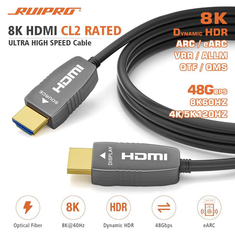 Next Level 8K HDMI21 Fiber Optic Cable Provides 48Gbps Throughput For Rock Solid 8K60 And 4K120 Playback, CL2 rated.