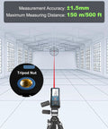 Pro Grade 500Ft Laser Measure Tool With One Sixteenth Inch Accuracy, IP54 Distance Meter For Area And Volume, Feet To Inches Units, Angle Sensor For DIY Home Indoor Projects, Long Battery Life, Blue on tripod in room