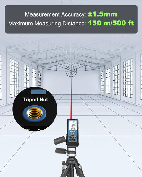 Pro Grade 500Ft Laser Measure Tool With One Sixteenth Inch Accuracy, IP54 Distance Meter For Area And Volume, Feet To Inches Units, Angle Sensor For DIY Home Indoor Projects, Long Battery Life, Blue on tripod in room