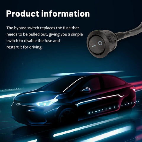Graphic of Longer 66.9 Inch Universal Fuse Bypass Switch Kit with car illustration and product description overlay.