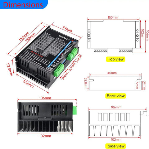 DMA860S 2-Phase Stepper Driver dimensions with top and side views for CNC routers and engraving machines.