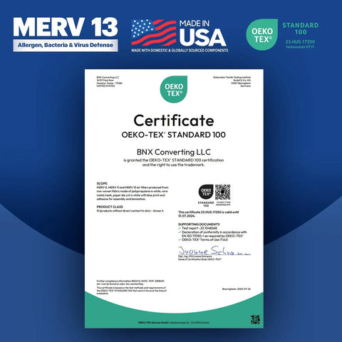 OEKO-TEX certificate for Top Rated 20x20x1 MERV 13 Electrostatic Pleated Air Filter For AC, Furnace And HVAC, Made In USA