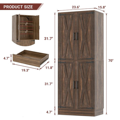 Heavy Duty 71 Inch Tall Farmhouse Pantry Cabinet With Genuine Barn Doors And Adjustable Shelves To Beat Kitchen Chaos And Level Up Your Whole Home Storage Game For Days size dimensions and features diagram.