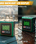 Digital Angle Finder With Laser And Magnetic 4-Side Inclinometer, Pro Grade Precision, ±0.1° Accuracy, 0.05° Resolution, Backlit Display, Measures Degrees And Percent, Fast One-Hand Operation, Built For Builders And DIY Pros. Two cube angle finders on wet wood, backlit LCD