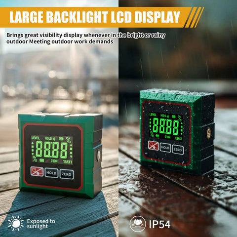 Digital Angle Finder With Laser And Magnetic 4-Side Inclinometer, Pro Grade Precision, ±0.1° Accuracy, 0.05° Resolution, Backlit Display, Measures Degrees And Percent, Fast One-Hand Operation, Built For Builders And DIY Pros. Two cube angle finders on wet wood, backlit LCD