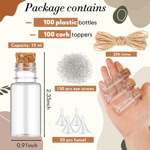 100 Pack Mini Plastic Bottles With Cork Stoppers And Eye Screws Craft Kit Includes 2 Rolls Of Rope 32.81 Ft And 20 Funnels