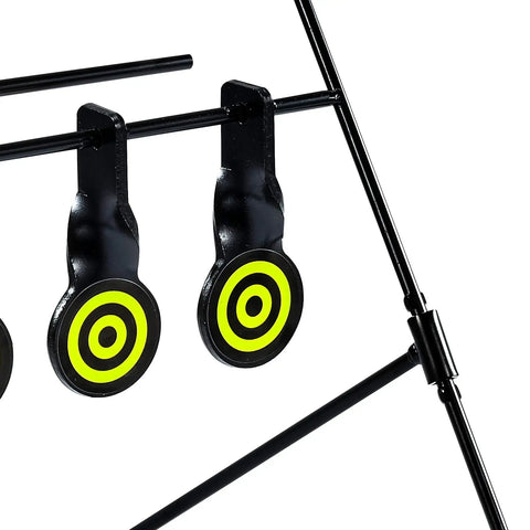 Resetting Steel Target Set For Airsoft BB Guns And Rimfire Caliber 22 And 177, close-up of two steel resetting targets on a stand