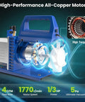 Pro Grade AC Vacuum Pump With Leak Detector and R134a Manifold Gauge Set for HVAC and Automotive Use 4 CFM Single Stage Rotary Vane Fast Deep Evacuation Anti Slip Base Easy Oil Management blue all-copper motor pump