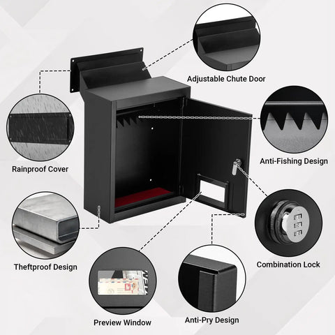 Wall Mount Drop Box With Combination Lock For Home Office Use Beefy Heavy Duty Steel Mail Slot Safe Rainproof Deposit Box features