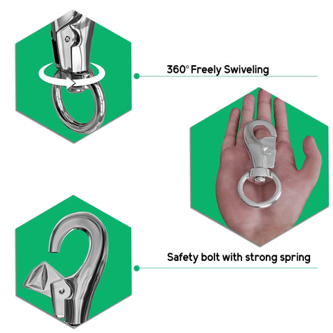 Close-up of Heavy Duty Swivel Hook For Hanging Chairs And Hammocks, Stainless Steel Snap showing 360° swivel and safety bolt