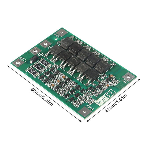 Rock Solid 3S 12V 40A BMS Protection Board For 18650 Lithium Cells in green circuit board, dimensions 60mm x 41mm.