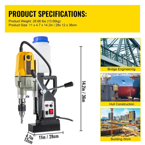 Heavy Duty Portable Magnetic Drill Press With 1100 Watt Motor Driving Beast Mode Power And A Rock Solid 2697 Pound Grip For Bang Out Precision Steel Holes Fast Including Twelve Core Bits, showcasing specifications and usage.