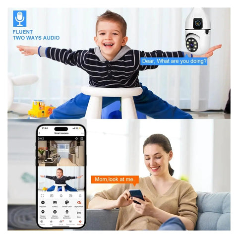 Top Shelf Dual Lens Bulb Wifi Security Camera With Zero Hassle Setup For Indoor Spaces Featuring Ai Human Tracking 360 Degree Pan 180 Degree Tilt Night Vision Plus Two Way Audio with child and woman using app.