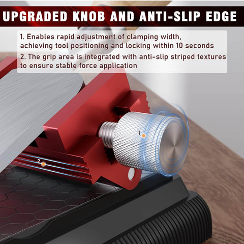 Close-up of All In One Honing Guide With Whetstone for Woodworking, showing upgraded centering sharpening jig and knob features.
