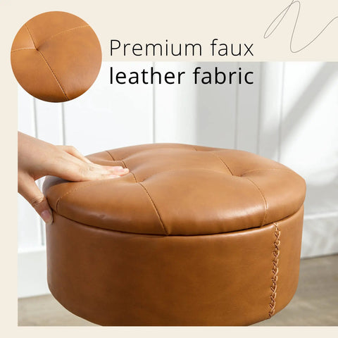 360 Degree Swivel Vanity Stool With Hidden Storage, Whiskey Brown Faux Leather Chair Detail, Premium Fabric Close-Up
