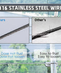 Comparison of 316 stainless steel 7x7 wire rope, ours vs others, highlighting rust and loosen resistance for deck railing use.