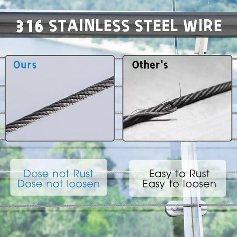 Comparison of 316 stainless steel 7x7 wire rope, ours vs others, highlighting rust and loosen resistance for deck railing use.