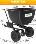 Heavy Duty Tow Behind Broadcast Spreader With 200 Lb Hopper And 13 Inch Pneumatic Tires Adjustable Flow Control product dimensions