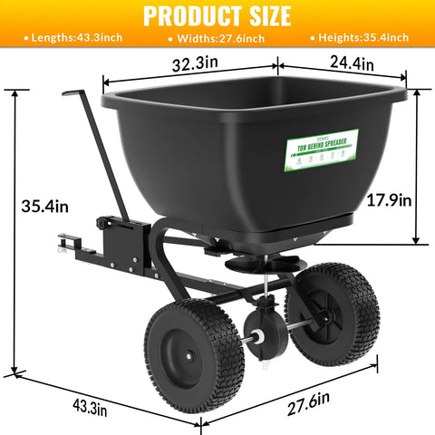 Heavy Duty Tow Behind Broadcast Spreader With 200 Lb Hopper And 13 Inch Pneumatic Tires Adjustable Flow Control product dimensions