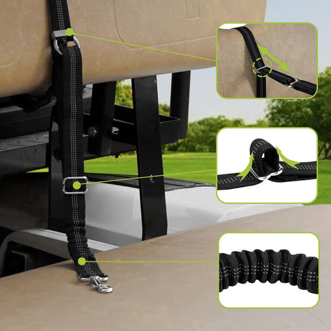Universal Golf Cart Dog Leash And Pet Safety Harness With Quick Snap Backrest Clip showing heavy-duty nylon tether in use.