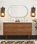Rustic Farmhouse Wall Sconce With Wood And Metal Finish, Industrial Vintage Style Indoor Lighting With Clear Glass in bathroom