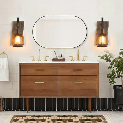 Rustic Farmhouse Wall Sconce With Wood And Metal Finish, Industrial Vintage Style Indoor Lighting With Clear Glass in bathroom
