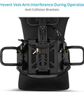 Close-up of G Axis 10K Stabilizer Arm Vest System showing anti-collision brackets for handheld cameras and gimbals