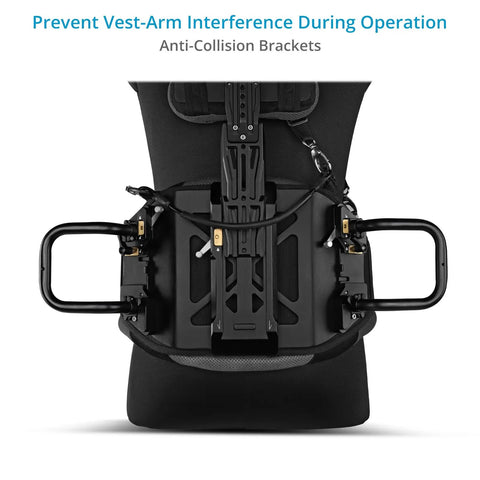 Close-up of G Axis 10K Stabilizer Arm Vest System showing anti-collision brackets for handheld cameras and gimbals