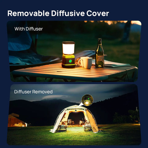 Ultra Bright LED Camping Lantern 1000 Lumens with diffuser on table and illuminating tent in use, light green 2 pack