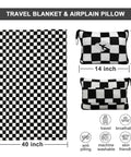 Checkered black 2 In 1 Travel Blanket And Pillow Set With Convertible Pillowcase Lightweight Microfleece for travel with dimensions.
