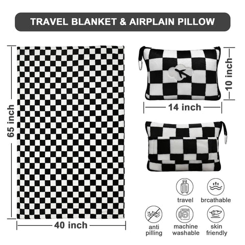 Checkered black 2 In 1 Travel Blanket And Pillow Set With Convertible Pillowcase Lightweight Microfleece for travel with dimensions.