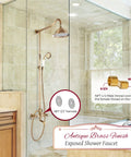 Exposed Antique Brass Shower System Set With 8 Inch Rain Shower Head, Dual Knob Handles, in a modern bathroom setting.