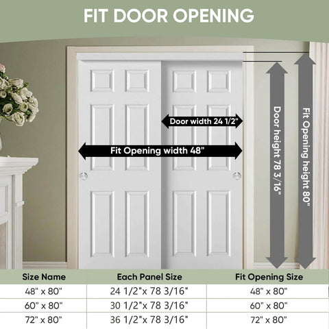 48 By 80 Inch Raised Textured Six Panel Bypass Hollow Core White Primed Sliding Closet Door With All In One Track Hardware Kit shown inside a room with fit measurements.