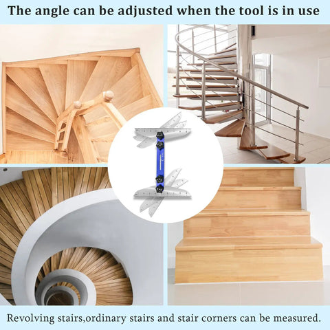 Stair Treads Gauge Template Tool Adjustable Staircase Jig With Measuring Set No Tape Measure Needed in use on various stairs.
