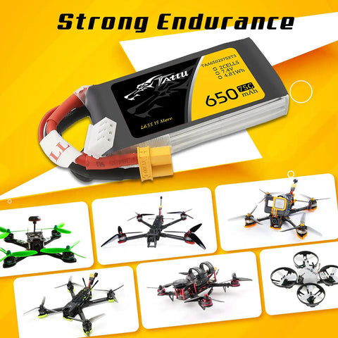 650mAh 2S 7.4V LiPo Battery With XT30 Plug For 120 Size FPV Rigs shown with micro racing drones