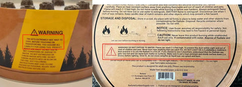 Warning labels on XL Portable Campfire On The Go For Camping Beach And Patio With Eucalyptus Scent Tabletop Fire Pit