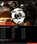 Close-up of rear wheel bearing and hub assembly for Subaru, 5-lug fit, showing detailed design and fitment chart for multiple models.