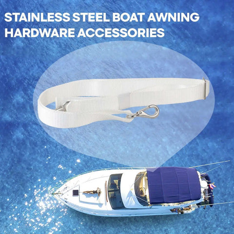 Adjustable White Bimini Top Straps 2 Pcs Marine Nylon Webbing Boat Canopy Straps 24 Inch To 60 Inch displayed over boat