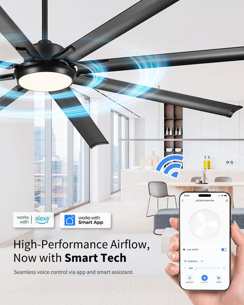 84 Inch Industrial Ceiling Fan With Light For Covered Outdoor Spaces, Alexa Compatible, shown with smartphone control
