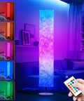 Lit 52 Inch Slim Modern Floor Lamp with RGB Color Changing Tyvek Fabric Shade, remote, and smart LED bulbs in living room.