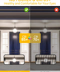 Comparison of two LED bulbs showing no flicker with CRI 85+ on left and flicker with CRI 70+ on right, illustrating light quality.