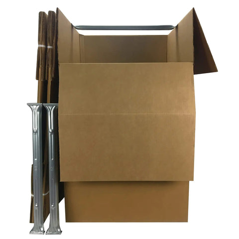 Space Saver Wardrobe Moving Boxes With Hanger Pack Of 3 Shorty Wardrobe Boxes 20x20x34 Inches open with metal bars visible
