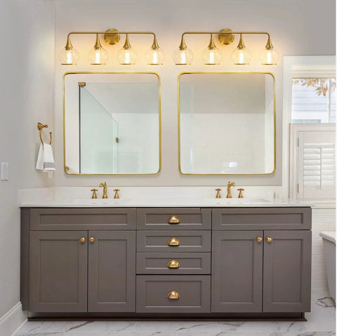 Bathroom with Hot Gold 4 Light Vanity Light Fixture Over Mirror With Clear Glass Globe Shades 30.7 Inch Wall Sconce Bath Lighting