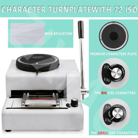 Heavy Duty PVC Card Embosser With 72 ISO Standard Characters Professional Credit Card And Vip Id Personalizer No Sweat Magnetic Stripe Imprinter Built Different For Daily Grind featuring character turnplate and adjustable size settings.