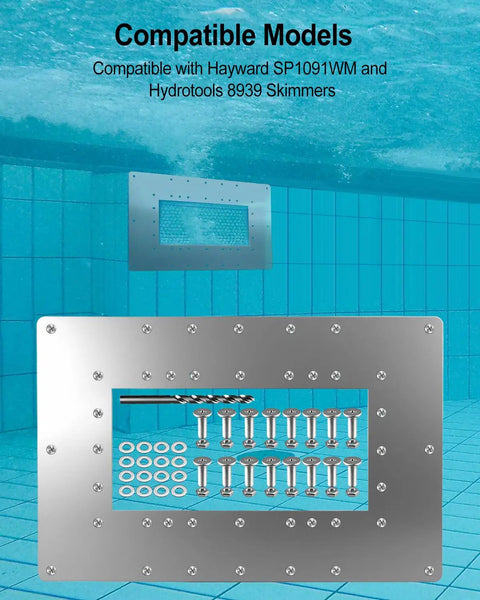 Wide Mouth Pool Skimmer Repair Kit For Rusted Wall Areas, Fits Hayward SP1091WM And Hydrotools 8939 shown underwater display