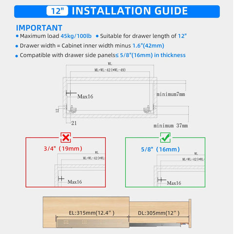 Soft Close Undermount Drawer Slides 12 Inch Full Extension Heavy Duty Workhorse 100 Lbs Capacity Concealed Rails With Rear Mount Brackets For Five Eighths Inch Side Thickness Cabinets Face Frame Or Frameless 1 Pair installation guide diagram