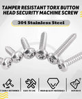 Built Tough Heavy Duty Stainless Steel Button Head Torx Sheet Metal Screws Security Tamper Proof Fasteners With T25 Bits For Garage Work And Outdoor Renovations 50 Pack, close-up view of tamper resistant screws.