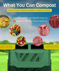 Infographic on composting items above a Large 43 Gallon Compost Tumbler Bin With Dual Chamber For Continuous Composting